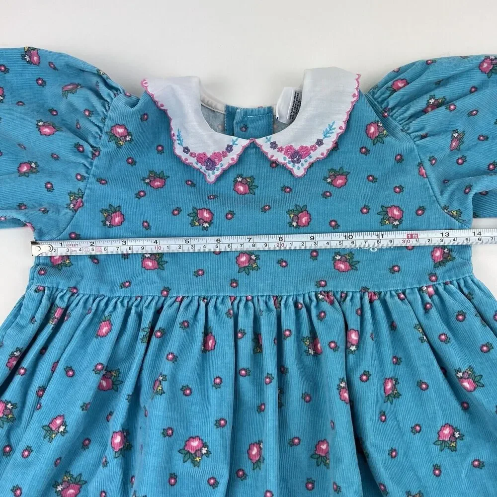 OSHKOSH B'GOSH Corduroy Long Sleeve Dress VTG 90s Floral Blue Kids Youth Girl 6